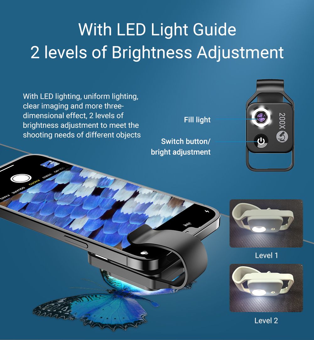 APEXEL 200x Zvětšení Objem Objektivu s CPL LED Světlem pro iPhone/Samsung – Přenosný Mikroskop pro Detailní Makro Foto
