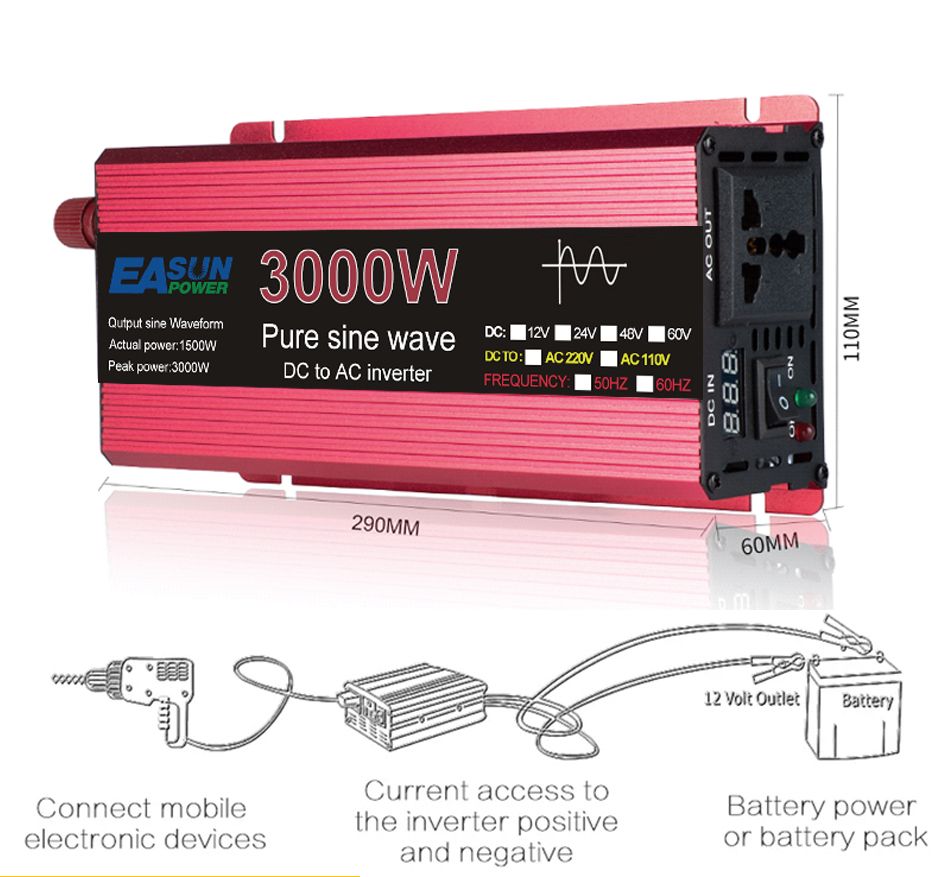 Měnič čistého sinusového průběhu 3000W 2200W 1600W 1000W, odolný design z hliníku a hořčíku, vysoká účinnost, napájení pro kempování