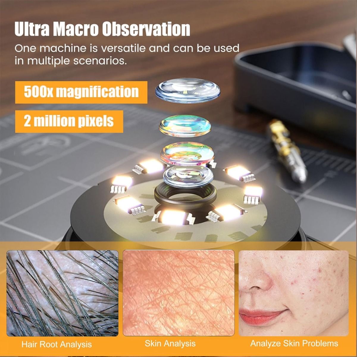 500násobné zvětšení Digitální mikroskop 2MP Lupa Oprava elektroniky Video Mince Microscopio Ruční Dermatoskop Přístroj pro analýzu kůže