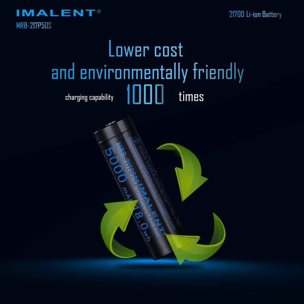 IMALENT MRB-217P50S: Vysokokapacitní dobíjecí Li-ion 21700 5000mAh pro LED svítilny.