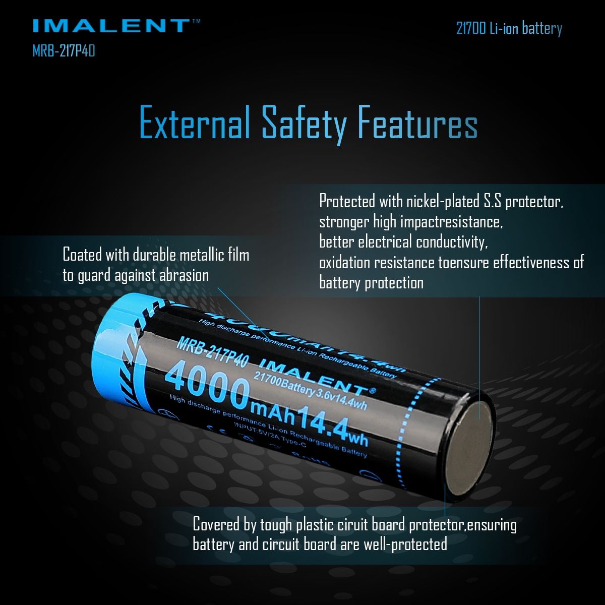 IMALENT MRB-217P40 Baterie 21700 4000mAh Dobíjecí Type-C | Vysoká Kapacita pro Svítilny Elektroniku