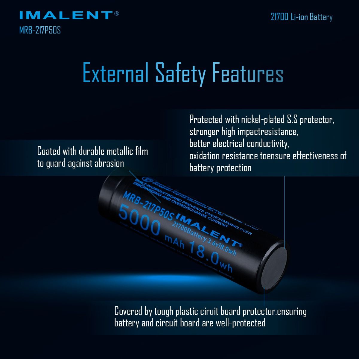 IMALENT MRB-217P50S: Vysokokapacitní dobíjecí Li-ion 21700 5000mAh pro LED svítilny.