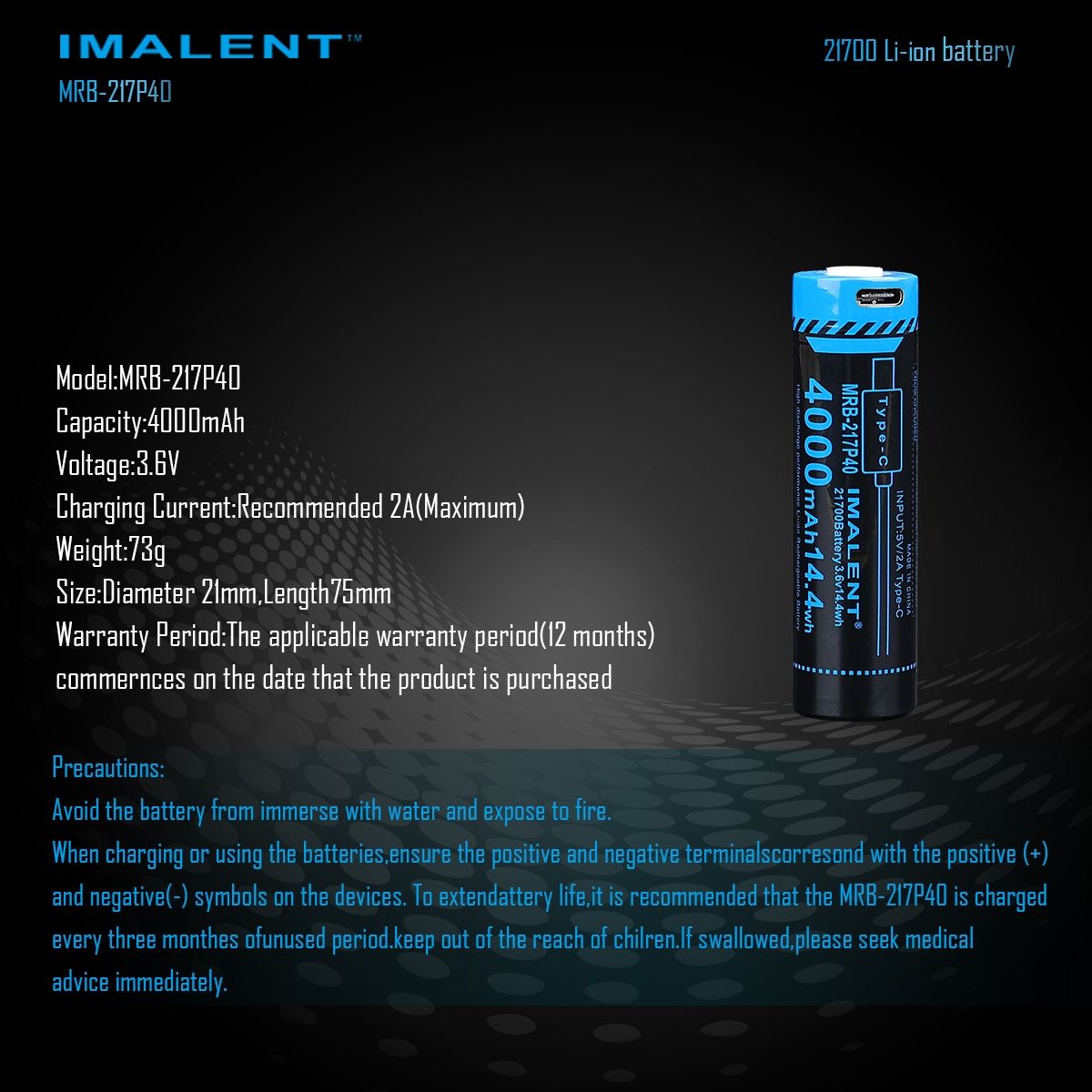 IMALENT MRB-217P40 Baterie 21700 4000mAh Dobíjecí Type-C | Vysoká Kapacita pro Svítilny Elektroniku