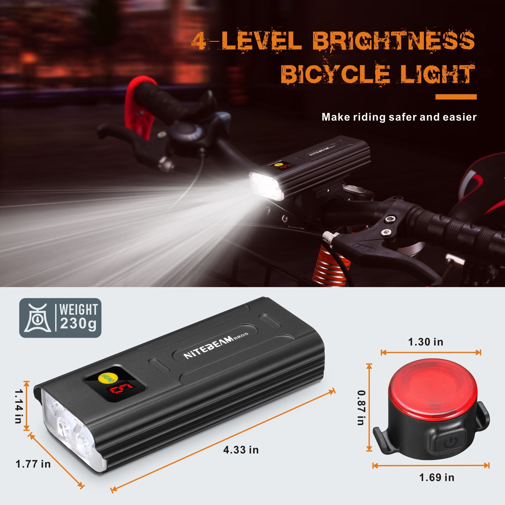 NiteBeam BR05 Svítilny na kolo 5000 lumenů, USB nabíjecí, nezbytná výbava pro bezpečnost při cyklistice s funkcí powerbanky