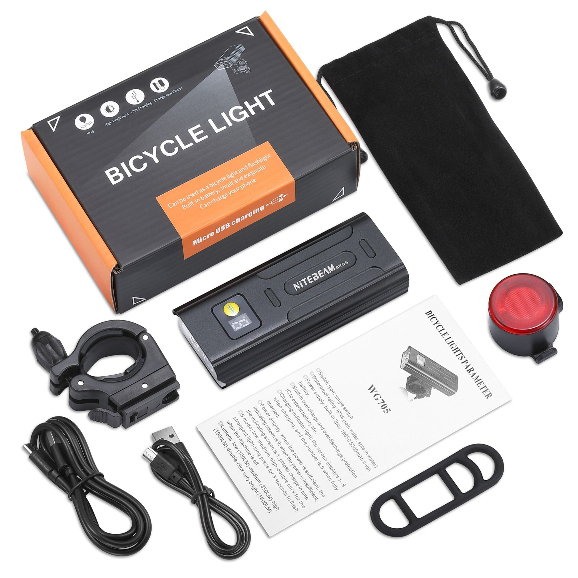 NiteBeam BR05 Svítilny na kolo 5000 lumenů, USB nabíjecí, nezbytná výbava pro bezpečnost při cyklistice s funkcí powerbanky