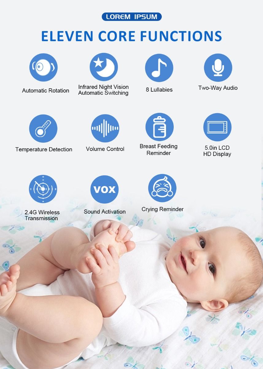 ABM501 Video Chůvička 2.4G Bezdrátová s 5.0" LCD: Noční Vidění, Dvoupásmový Zvuk Pro Klid Rodiny a Péči o Dítě