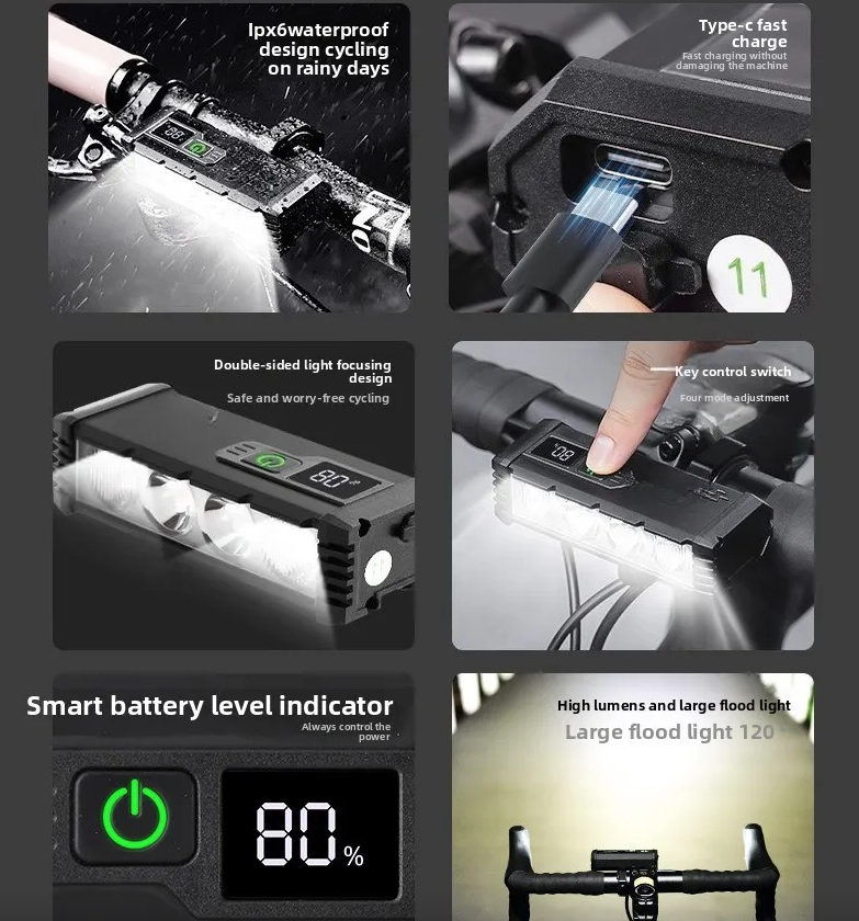 ACRUNU LED světlo na kolo 4000lm, USB dobíjecí. 4 režimy pro viditelnost a bezpečnost na kole.
