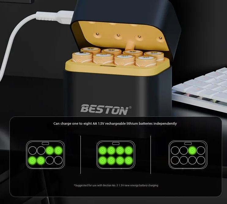 Beston Chytrá Nabíječka AA 8 Slotů | Rychlé Nabíjení 1.5V Li-ion 3600mWh Baterií | Sada