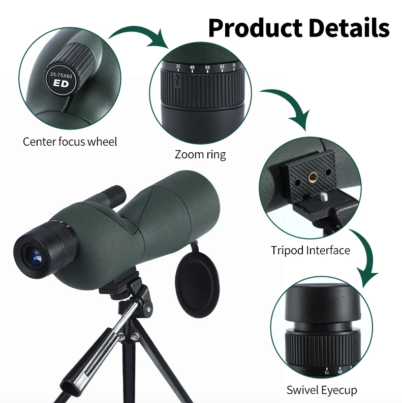 25-75x60 Zoom ED Monokulární Dalekohled Bak4 pro Kempování & Pozorování Ptáků - Výkonný Dalekohled