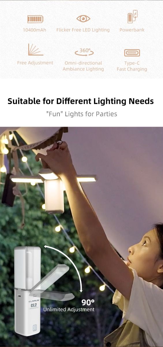 Klarus CL2 Skládací Kempingové Světlo 750 Lumenů - Péče o Oči, 7 Režimů pro Vnitřní i Venkovní Osvětlení