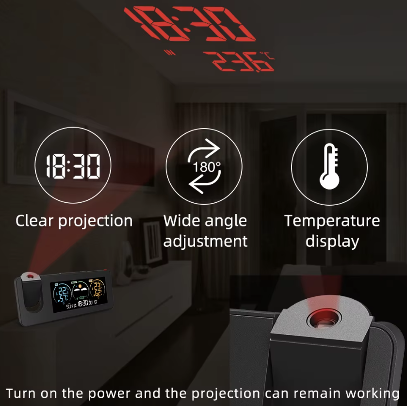 Inovativní projektní nástěnné digitální hodiny s budíkem a předpovědí počasí, stylový design pro domácí dekoraci