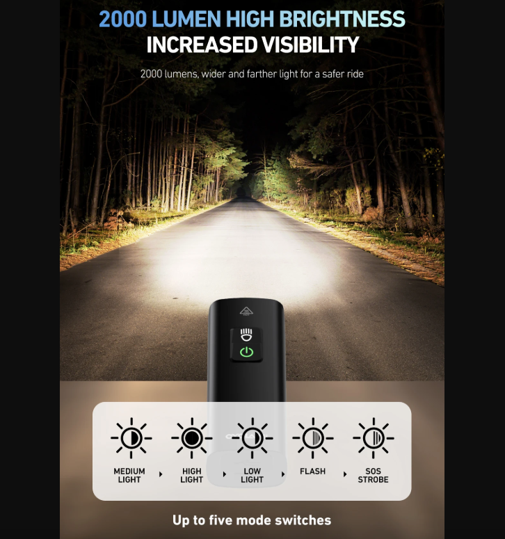 CYCLAMI BR2000/BR1200 světlo na kolo, 2000/1200 lumenů, USB-C. Odolné pro MTB/silnici. Buďte v bezpečí!