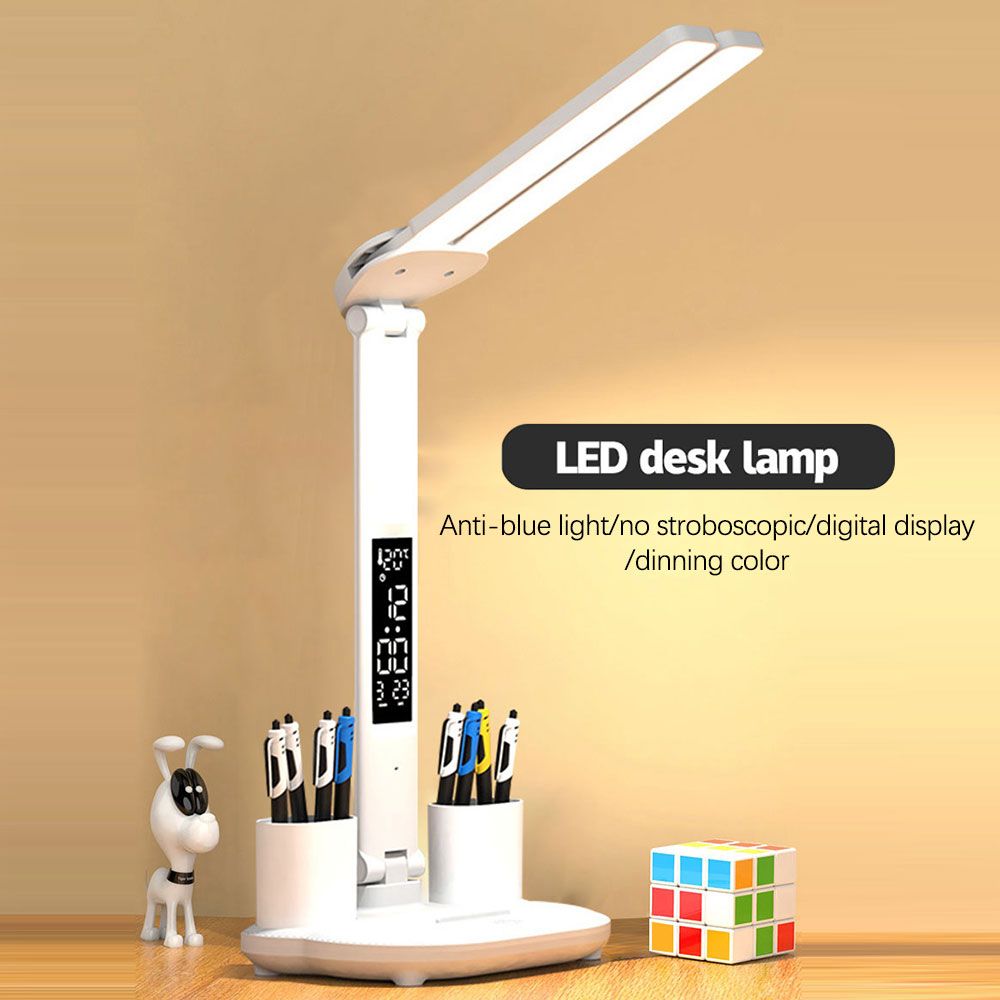 LED Stolní Lampa s Kalendářem a USB nočním světlem – Ochrana Očí, Přenosná, Nastavitelný Jas pro Domácí Kancelář a Ložnici
