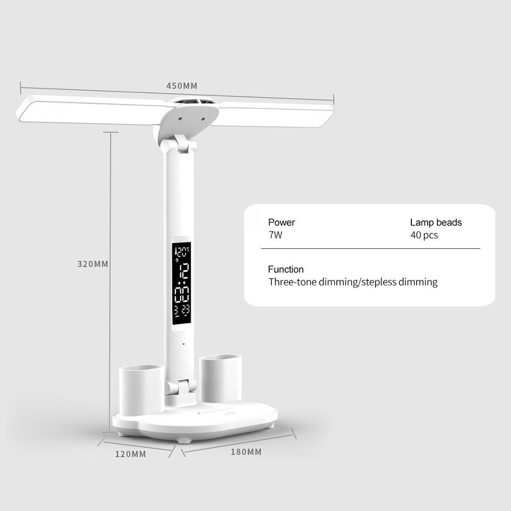 LED Stolní Lampa s Kalendářem a USB nočním světlem – Ochrana Očí, Přenosná, Nastavitelný Jas pro Domácí Kancelář a Ložnici
