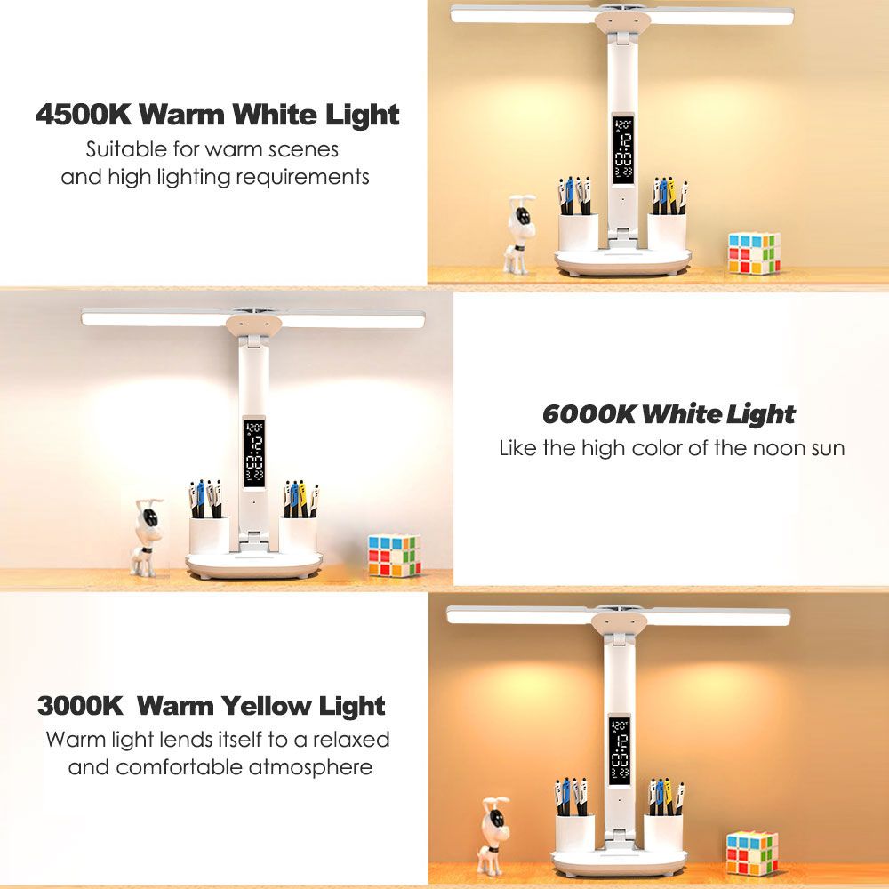 LED Stolní Lampa s Kalendářem a USB nočním světlem – Ochrana Očí, Přenosná, Nastavitelný Jas pro Domácí Kancelář a Ložnici