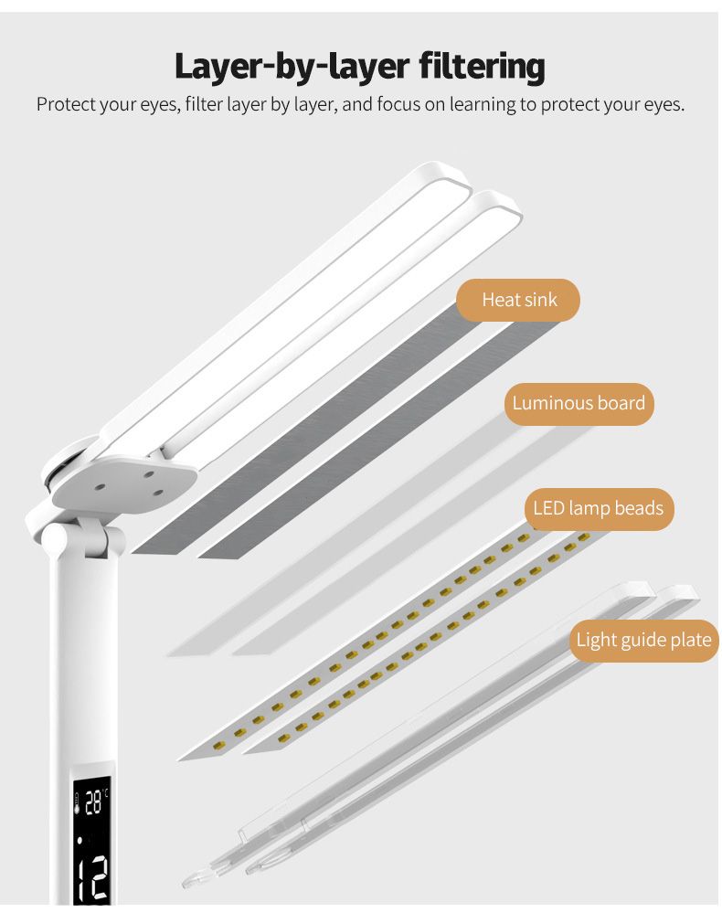 LED Stolní Lampa s Kalendářem a USB nočním světlem – Ochrana Očí, Přenosná, Nastavitelný Jas pro Domácí Kancelář a Ložnici