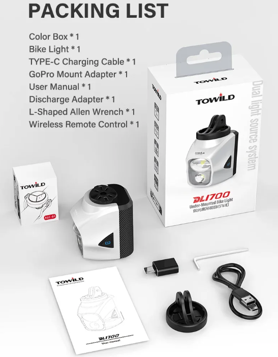 TOWILD DL1700: 1900 lumenů USB dobíjecí světlo na kolo, voděodolné pro noční jízdu.