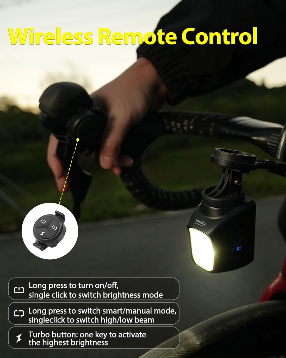 TOWILD DL1700: 1900 lumenů USB dobíjecí světlo na kolo, voděodolné pro noční jízdu.