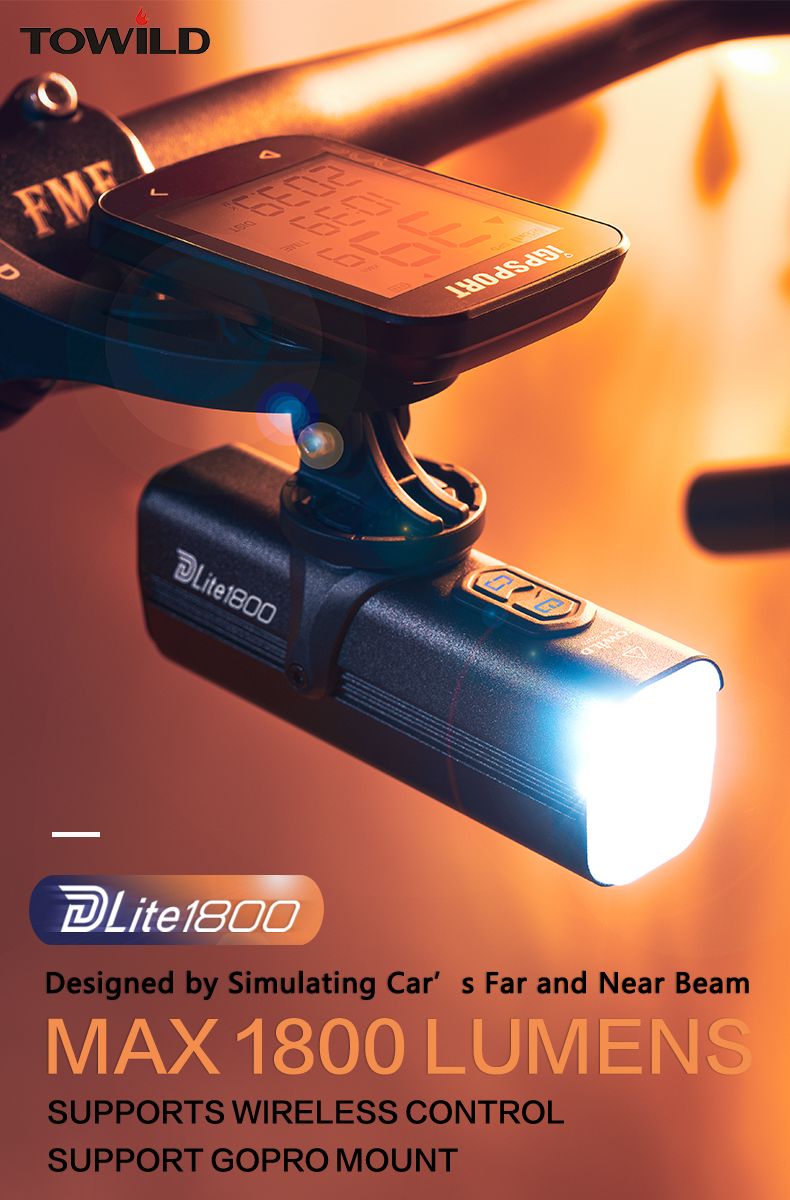 TOWILD DLite 1800 USB nabíjitelné cyklistické světlo, 2100 lumenů, voděodolné přední světlo, bezpečnost při cyklistice, baterie 5000 mAh