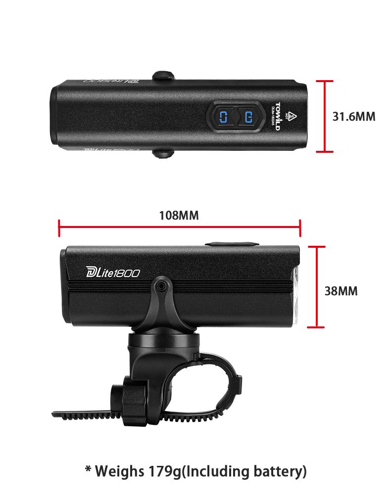 TOWILD DLite 1800 USB nabíjitelné cyklistické světlo, 2100 lumenů, voděodolné přední světlo, bezpečnost při cyklistice, baterie 5000 mAh