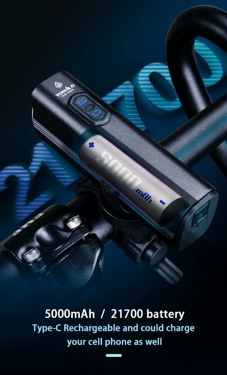 TOWILD DLite 1800 USB nabíjitelné cyklistické světlo, 2100 lumenů, voděodolné přední světlo, bezpečnost při cyklistice, baterie 5000 mAh