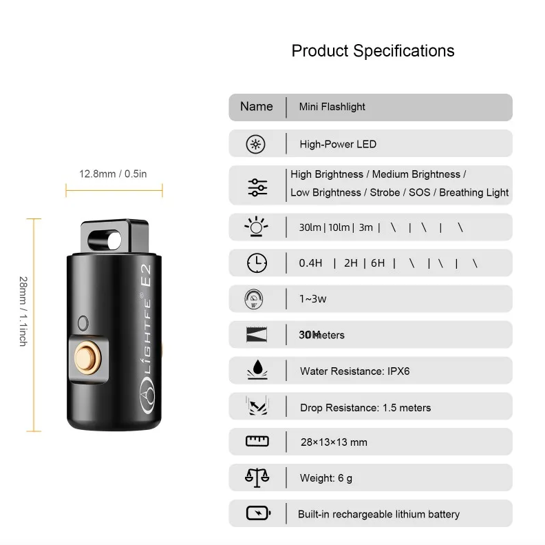 Mini svítilna LED, dobíjecí, kempingová, turistická, na klíče, s náhrdelníkem