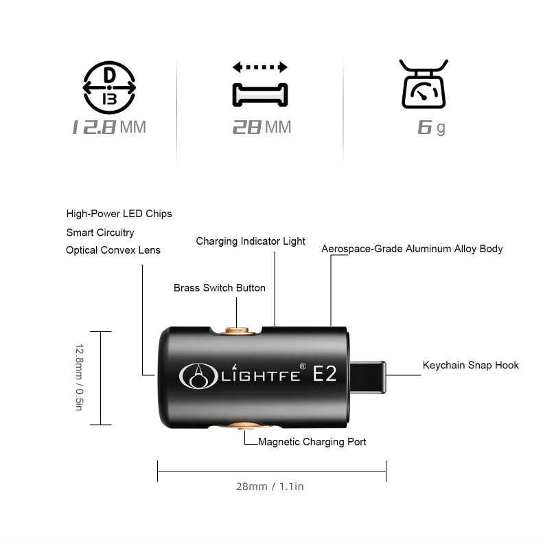 Mini svítilna LED, dobíjecí, kempingová, turistická, na klíče, s náhrdelníkem