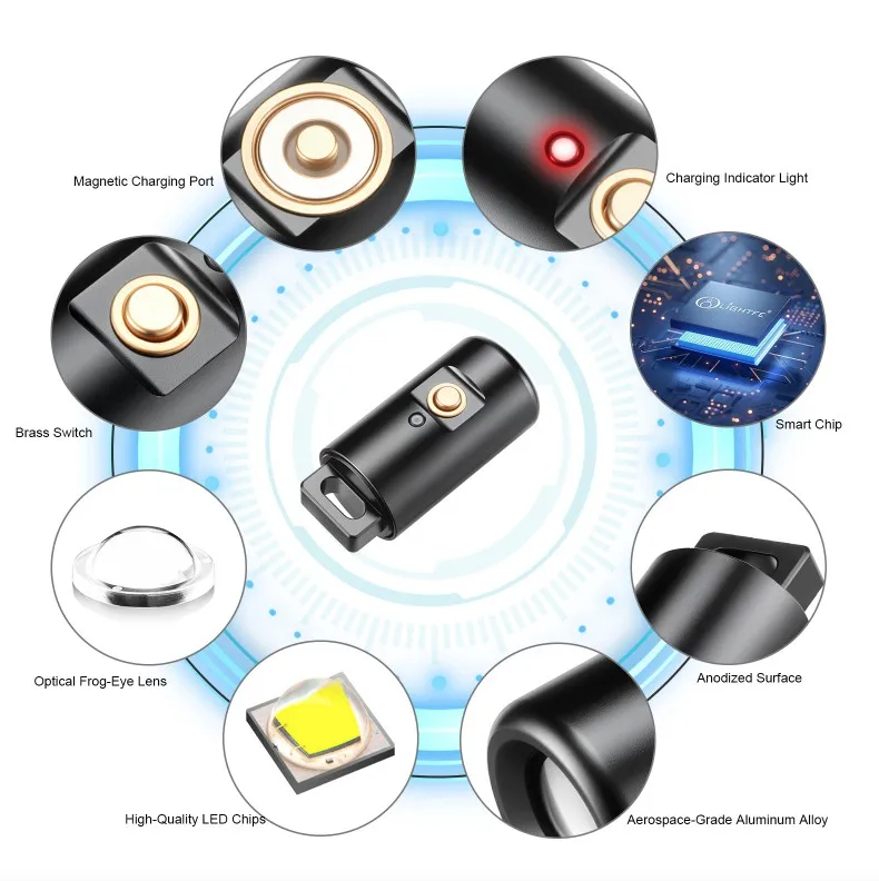 Mini svítilna LED, dobíjecí, kempingová, turistická, na klíče, s náhrdelníkem