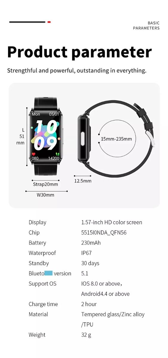 EP02 Chytré hodinky na měření krevního cukru a glukózy, ECG HRV, srdeční tep, teplota, 1,57" HD, voděodolný chytrý náramek, fitness tracker