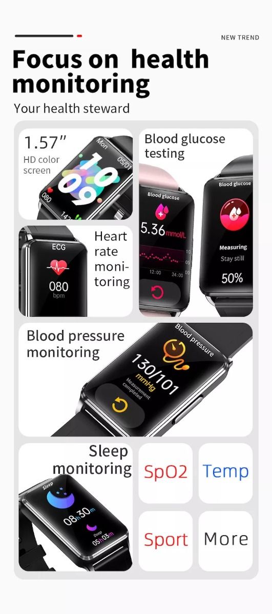 EP02 Chytré hodinky na měření krevního cukru a glukózy, ECG HRV, srdeční tep, teplota, 1,57" HD, voděodolný chytrý náramek, fitness tracker
