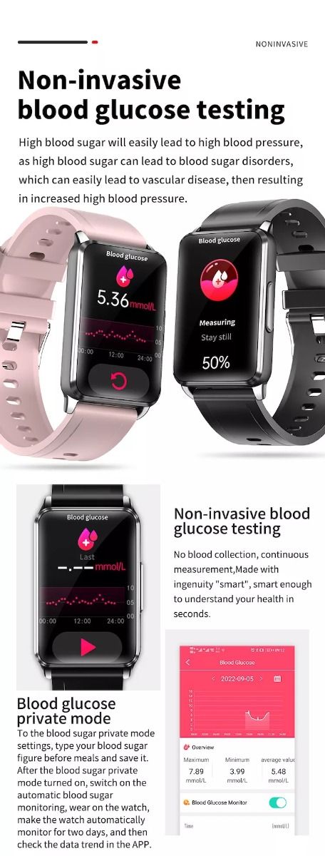 EP02 Chytré hodinky na měření krevního cukru a glukózy, ECG HRV, srdeční tep, teplota, 1,57" HD, voděodolný chytrý náramek, fitness tracker