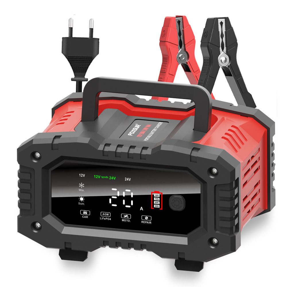 FOXSUR 20A Přenosná nabíječka autobaterií 12V 24V pro motocykl, nákladní auto, AGM, LiFePO4 a olověné baterie – údržba