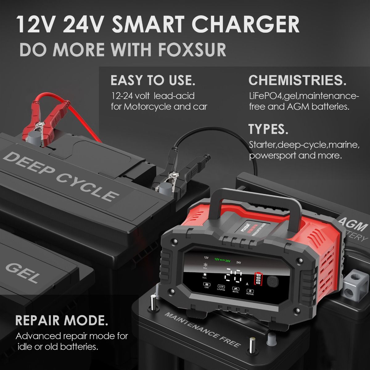 FOXSUR 20A Přenosná nabíječka autobaterií 12V 24V pro motocykl, nákladní auto, AGM, LiFePO4 a olověné baterie – údržba