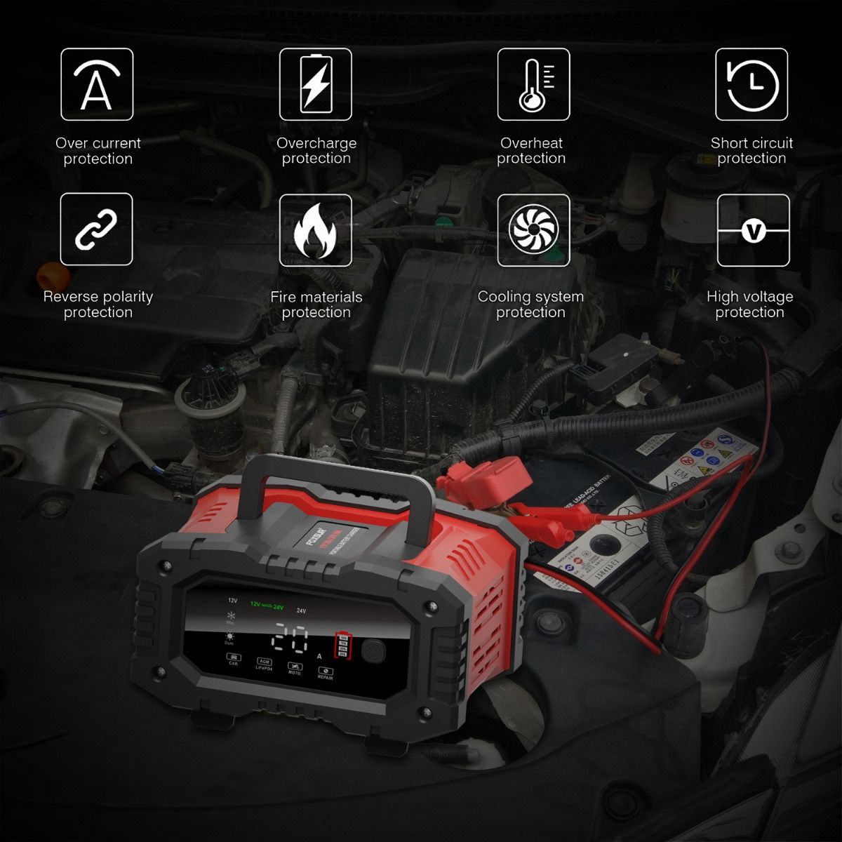 FOXSUR 20A Přenosná nabíječka autobaterií 12V 24V pro motocykl, nákladní auto, AGM, LiFePO4 a olověné baterie – údržba