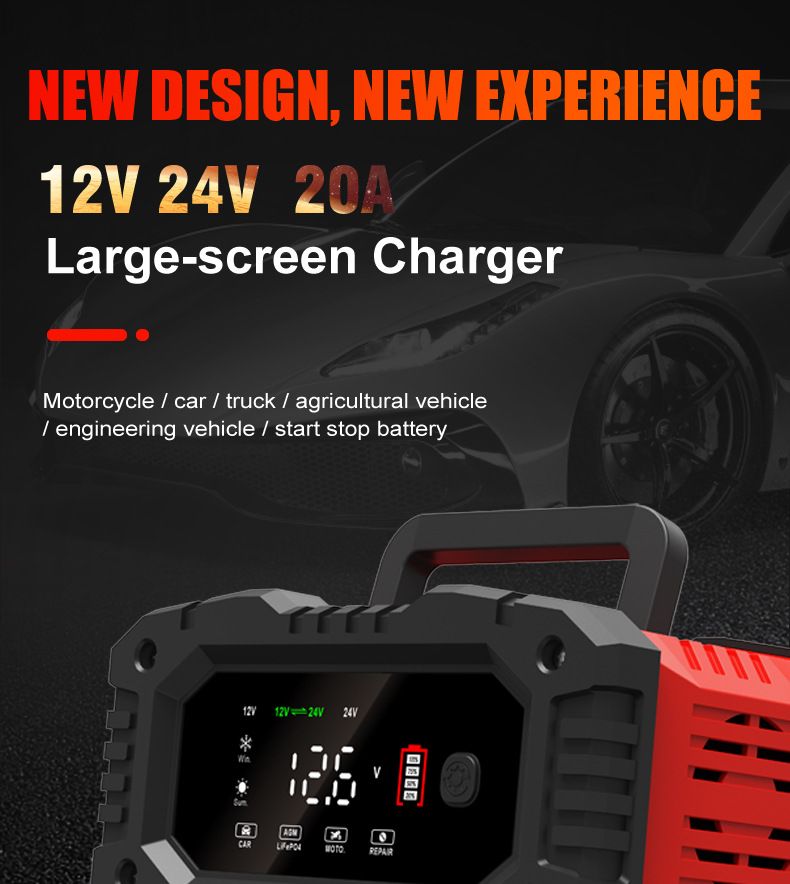 FOXSUR 20A Přenosná nabíječka autobaterií 12V 24V pro motocykl, nákladní auto, AGM, LiFePO4 a olověné baterie – údržba
