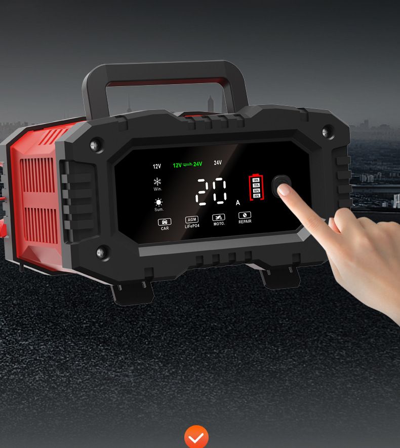 FOXSUR 20A Přenosná nabíječka autobaterií 12V 24V pro motocykl, nákladní auto, AGM, LiFePO4 a olověné baterie – údržba