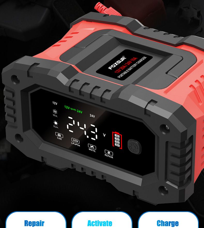 FOXSUR 20A Přenosná nabíječka autobaterií 12V 24V pro motocykl, nákladní auto, AGM, LiFePO4 a olověné baterie – údržba