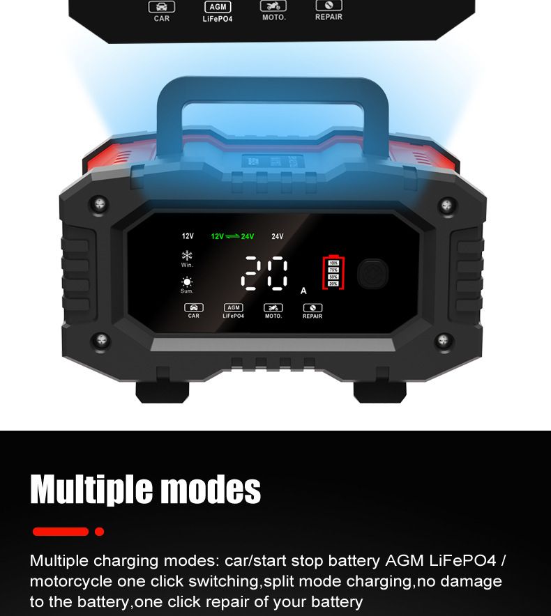 FOXSUR 20A Přenosná nabíječka autobaterií 12V 24V pro motocykl, nákladní auto, AGM, LiFePO4 a olověné baterie – údržba