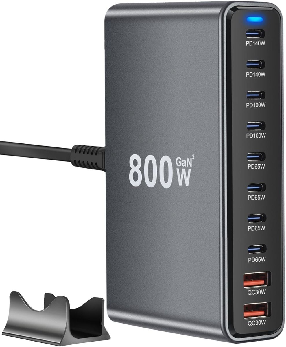 800W USB C GaN III Pro 10 port nabíječka pro MacBook, iPhone, tablety. Rychlé nabíjení.