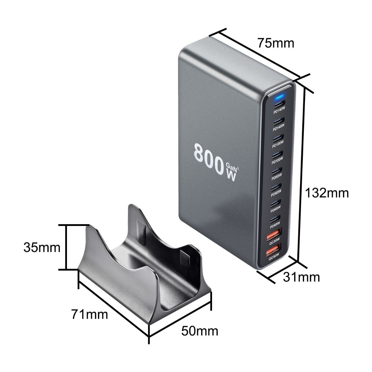 800W USB C GaN III Pro 10 port nabíječka pro MacBook, iPhone, tablety. Rychlé nabíjení.