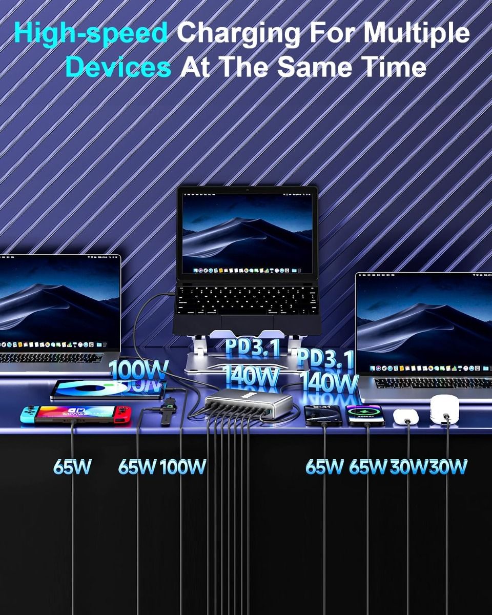 800W USB C GaN III Pro 10 port nabíječka pro MacBook, iPhone, tablety. Rychlé nabíjení.