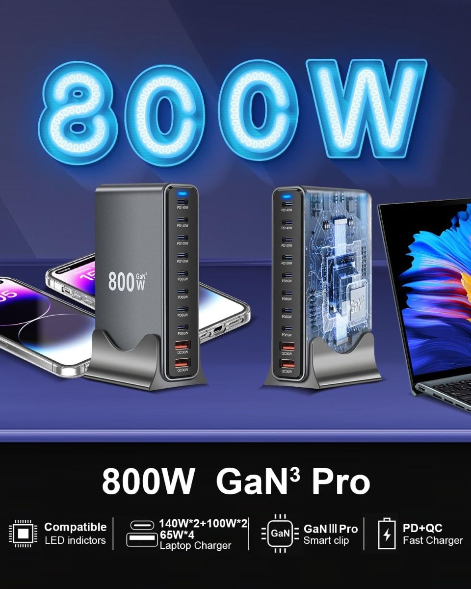 800W USB C GaN III Pro 10 port nabíječka pro MacBook, iPhone, tablety. Rychlé nabíjení.