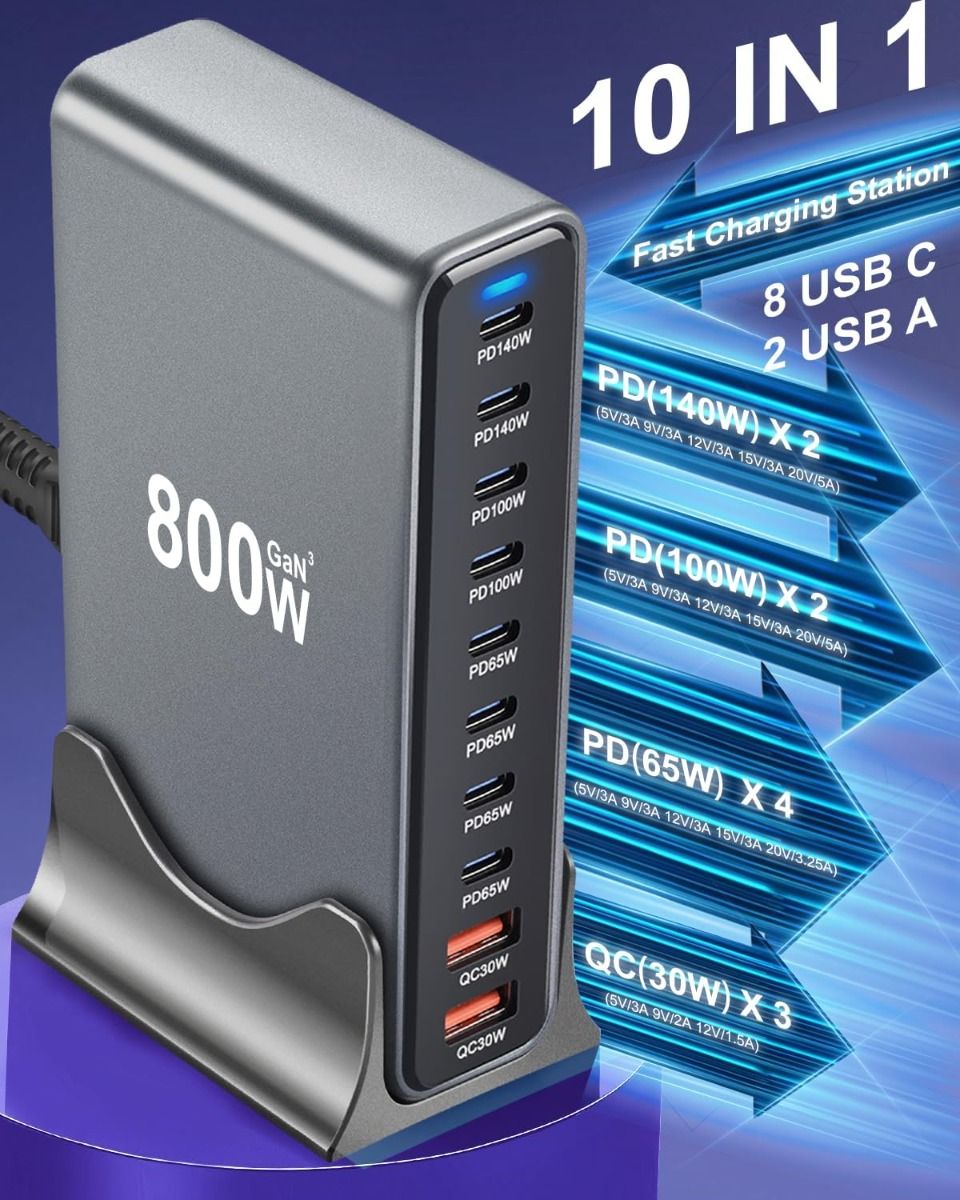800W USB C GaN III Pro 10 port nabíječka pro MacBook, iPhone, tablety. Rychlé nabíjení.