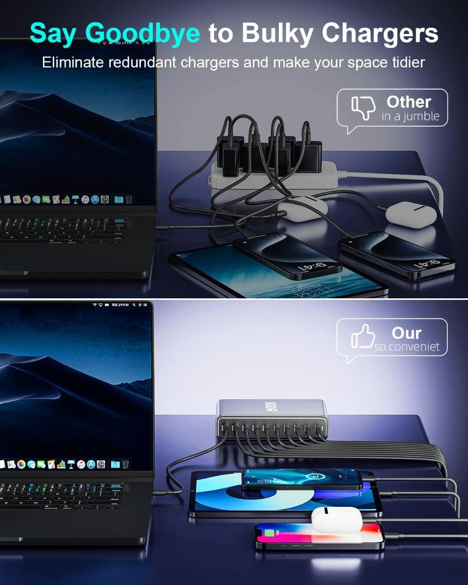 800W USB C GaN III Pro 10 port nabíječka pro MacBook, iPhone, tablety. Rychlé nabíjení.