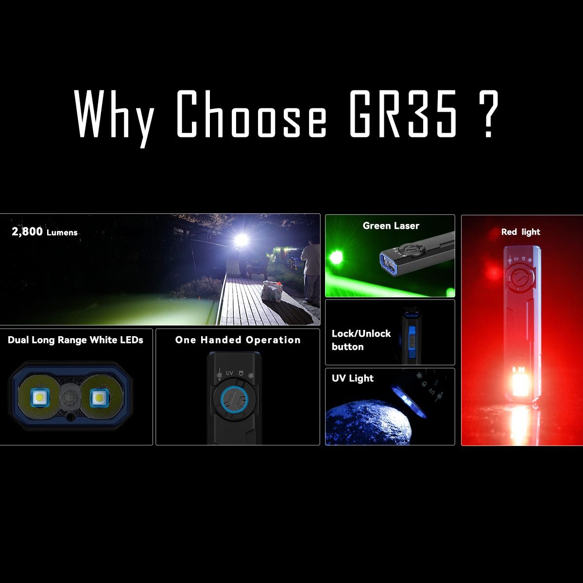 IMALENT GR35: Výkonná 2800lm EDC svítilna s laserem, UV a signalizací. Zelená LED.