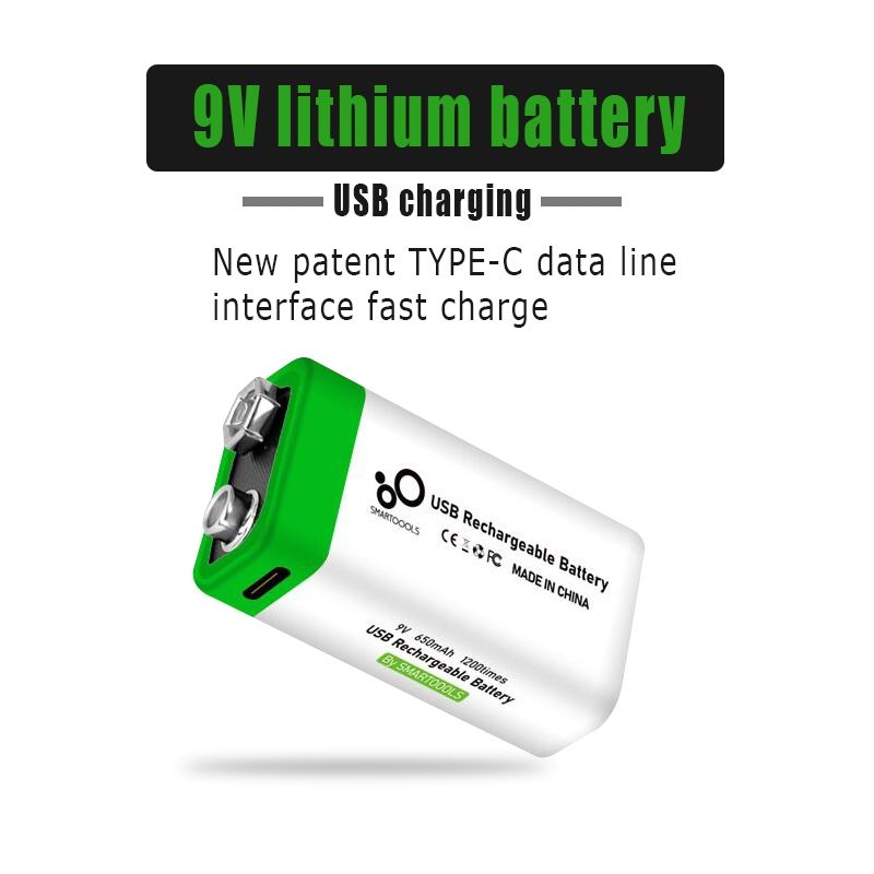 9V 6F22 650mAh USB nabíjecí baterie, ekologický Li-ion zdroj pro hračky, mikrofon, multimetr a další