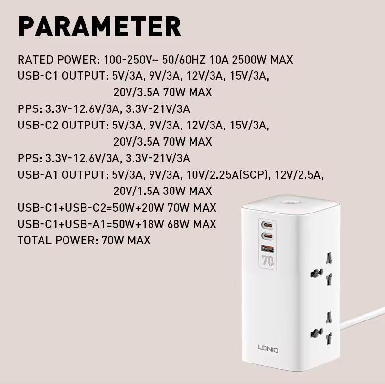 LDNIO Tower Multi Tap Cube Power Strip 70W USB-C, Univerzální Zásuvka UK US EU, Domácnost Kancelář Rychlé Nabíjení