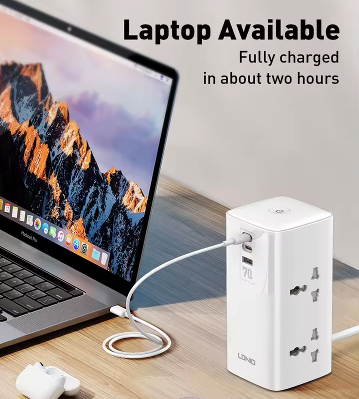 LDNIO Tower Multi Tap Cube Power Strip 70W USB-C, Univerzální Zásuvka UK US EU, Domácnost Kancelář Rychlé Nabíjení