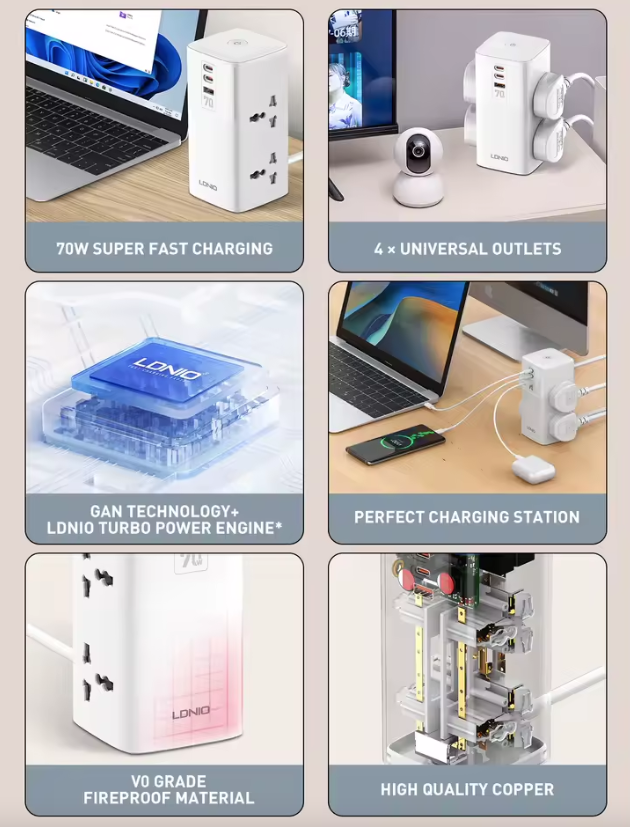 LDNIO Tower Multi Tap Cube Power Strip 70W USB-C, Univerzální Zásuvka UK US EU, Domácnost Kancelář Rychlé Nabíjení
