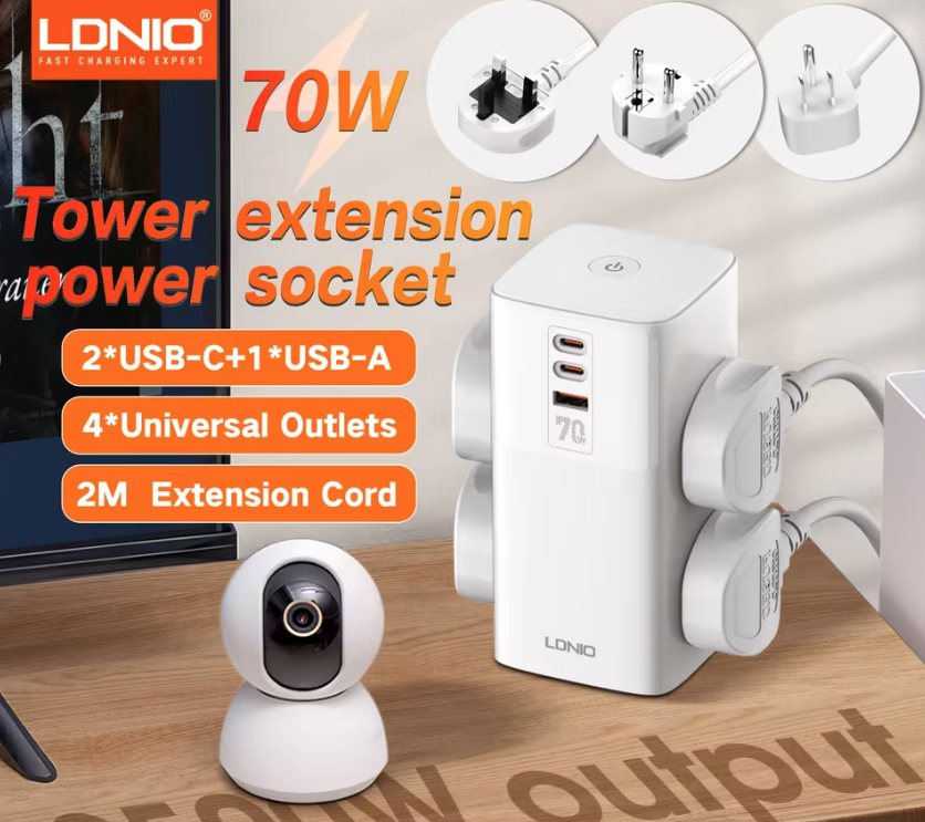 LDNIO Tower Multi Tap Cube Power Strip 70W USB-C, Univerzální Zásuvka UK US EU, Domácnost Kancelář Rychlé Nabíjení